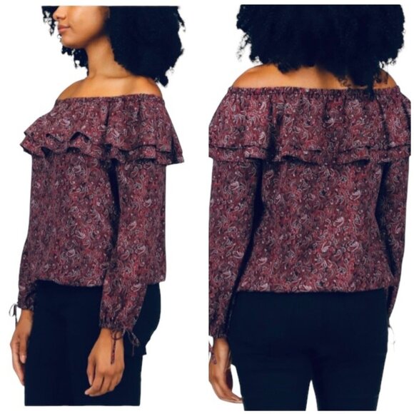 Michael Kors Womens Size 3X Burgundy Off Shoulder Paisley Ruffle Top Blouse NWT - Picture 4 of 9